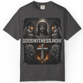 Black t-shirt with religious design and 'GODSWITNESS.NOW' text on a white background