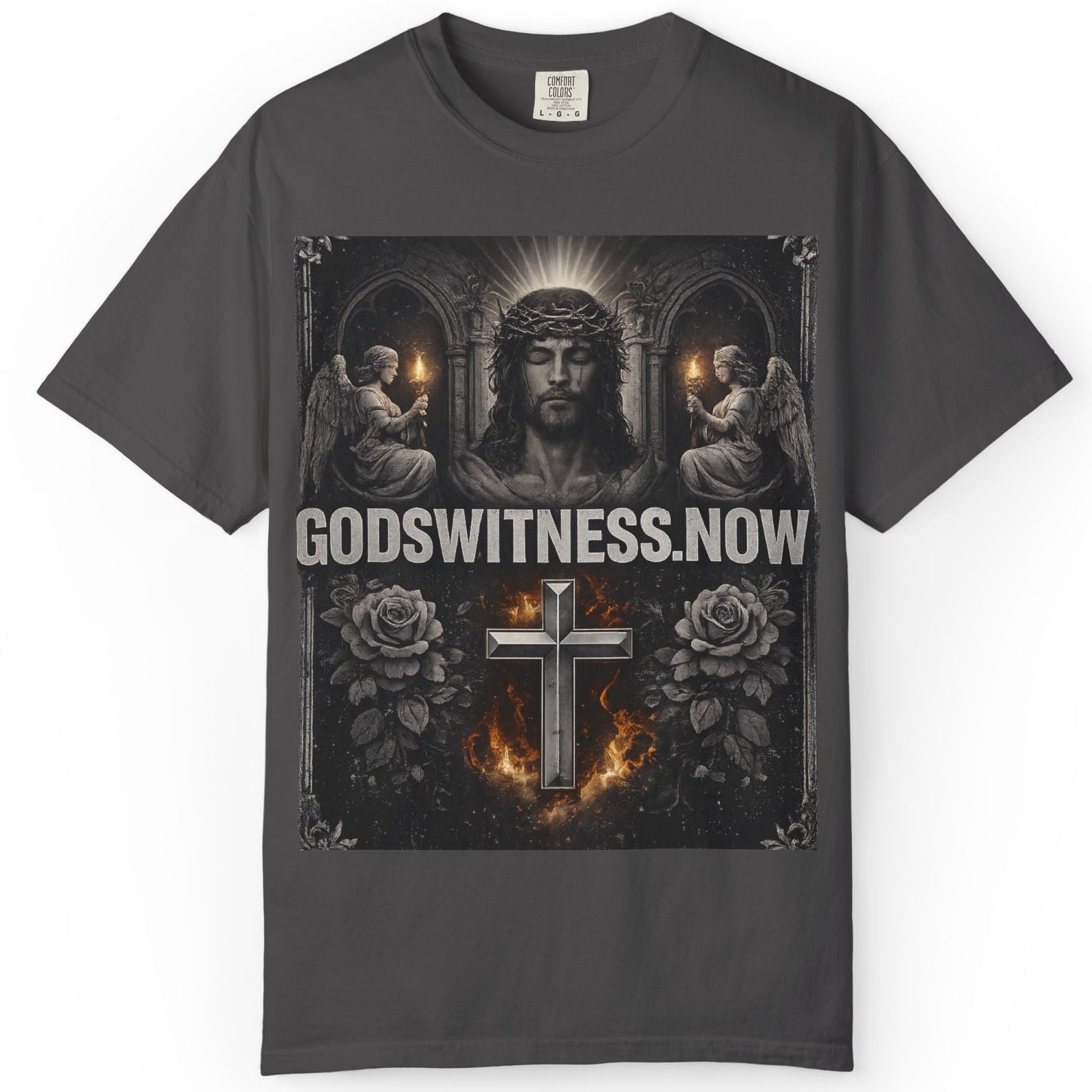 Black t-shirt with religious design and 'GODSWITNESS.NOW' text on a white background