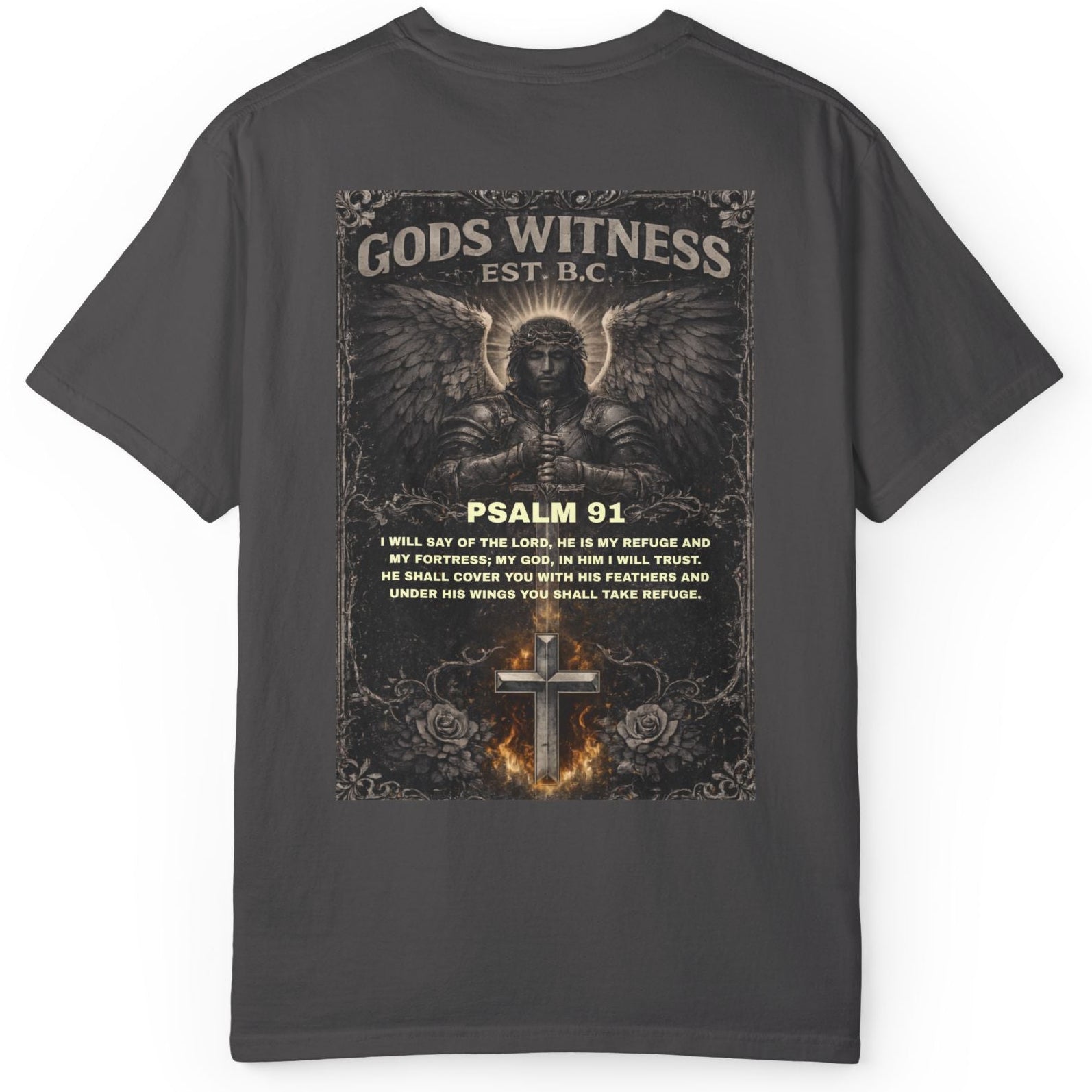 Black t-shirt with angel design and text on a white background