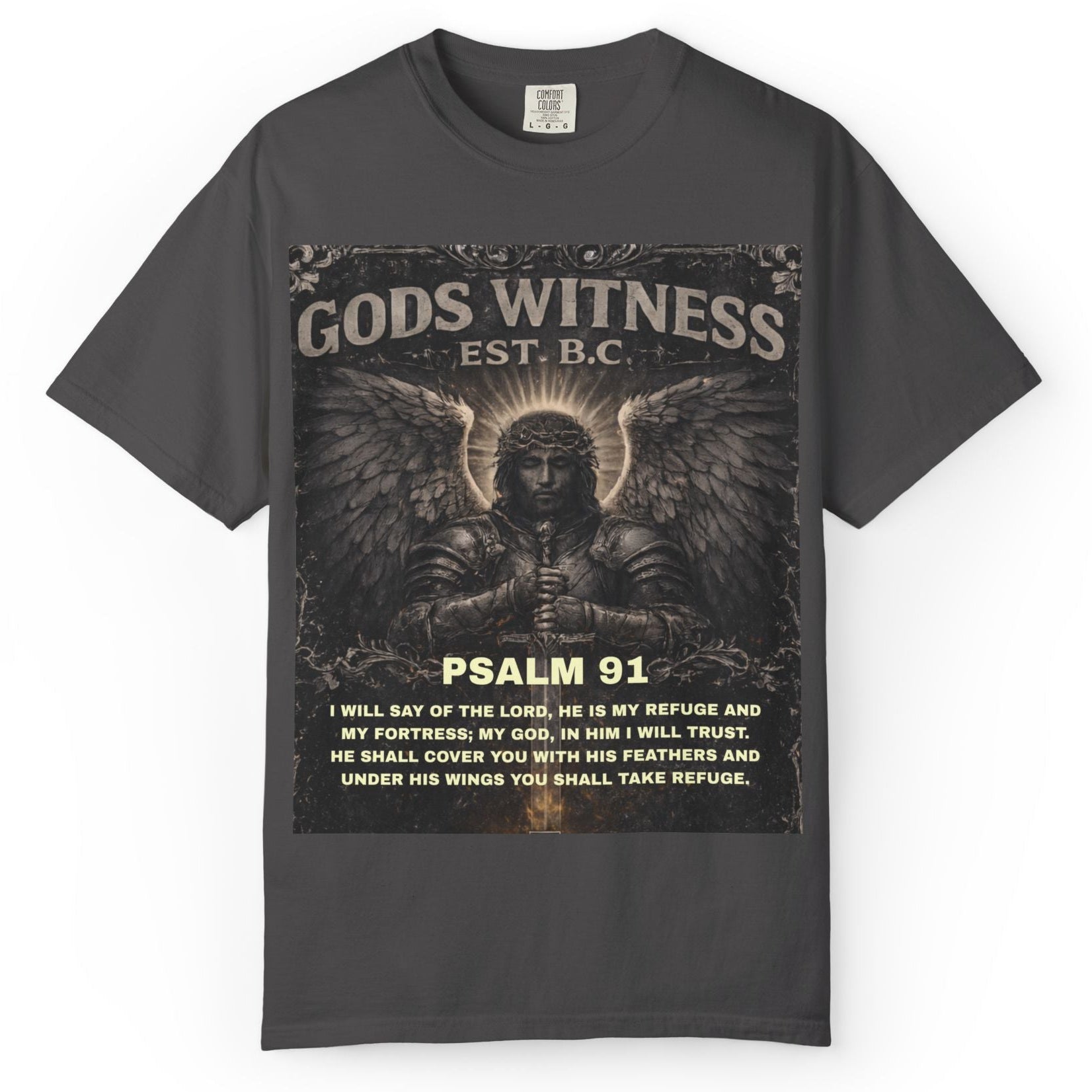 Charcoal Grey t-shirt with a graphic Jesus Christ design and the scripture "Psalm 91' on a white background